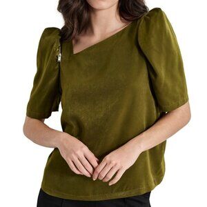 DKNY Olive Green Asymmetric Neck Puff Sleeve Blouse